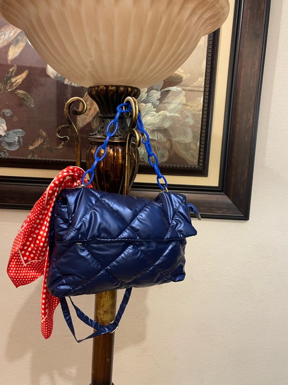 Quilted Navy Shoulder Bag with Chain Handle - Picture 6 of 16